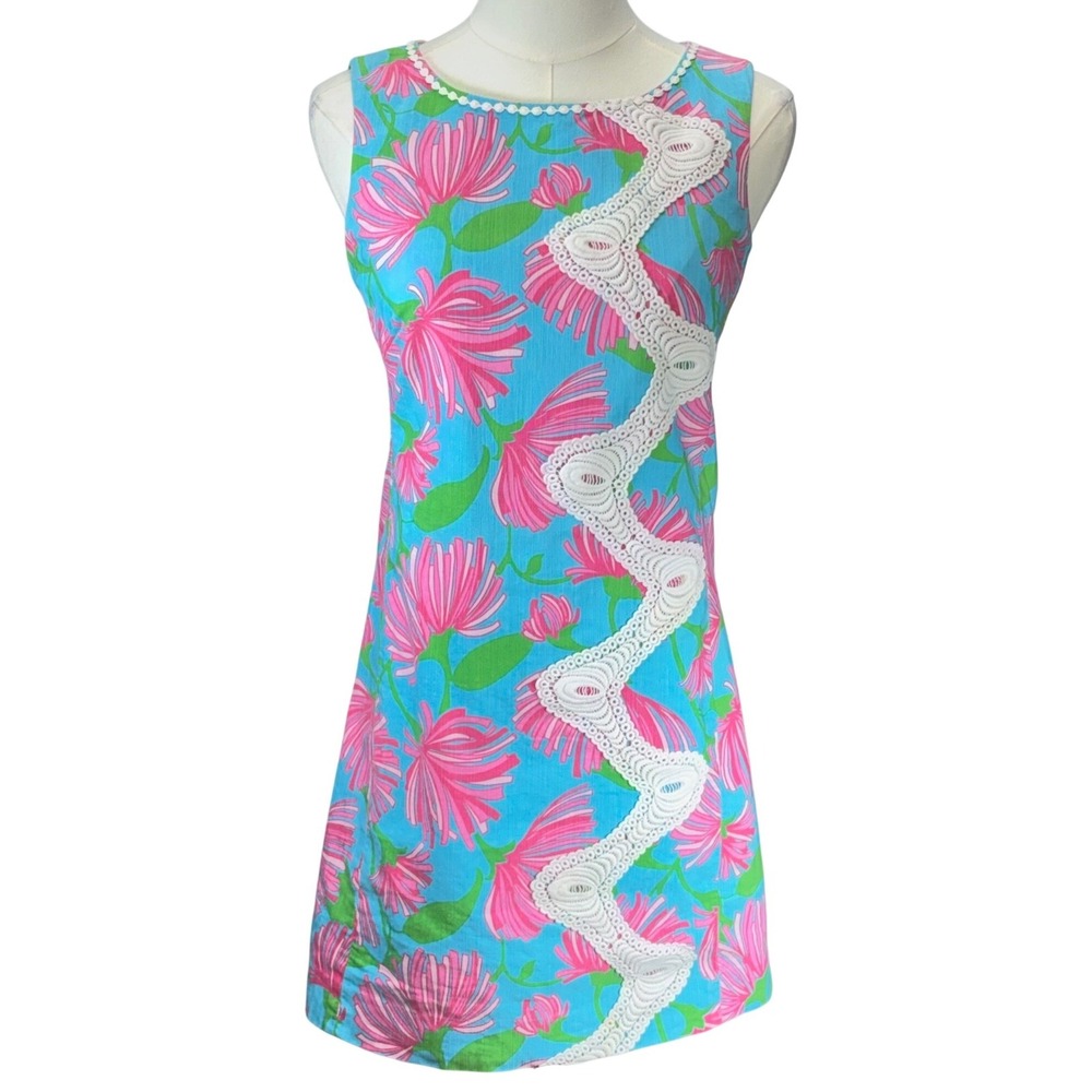 Lilly Pulitzer Originals Shift Dress Blue Pink Floral Lace Scoop Neck Preppy 0